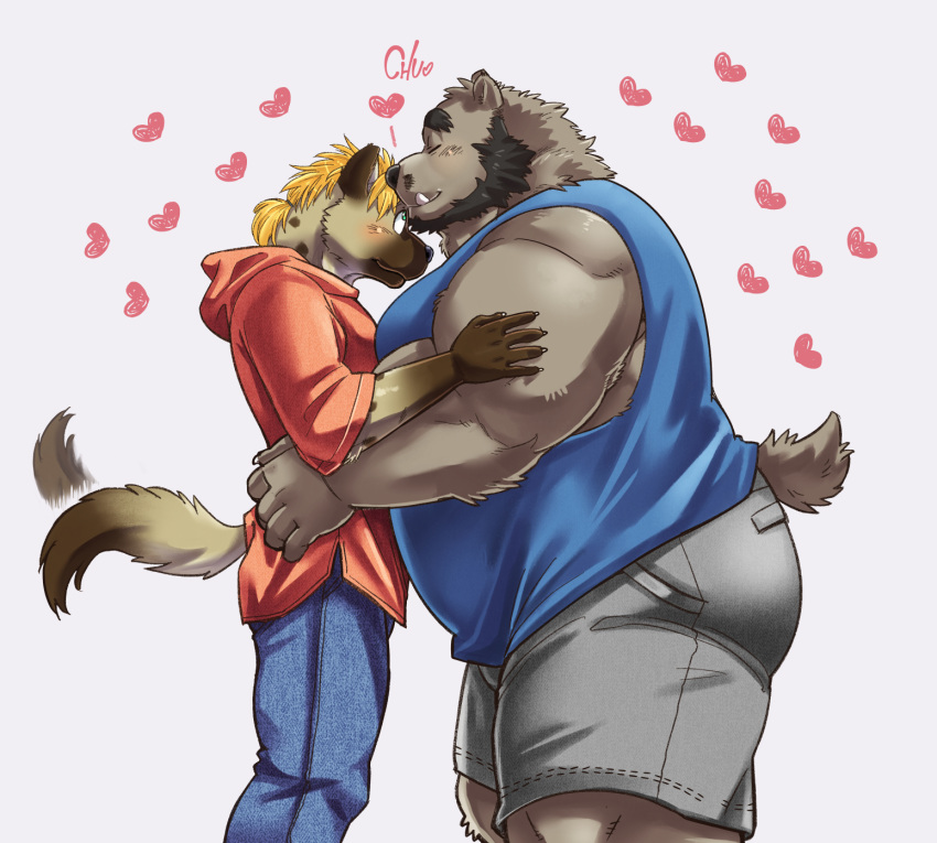 &lt;3 2023 anthro bear beard black_facial_hair blonde_mane blue_clothing blue_shirt blue_tank_top blue_topwear blush bottomwear brown_body brown_countershading brown_fur brown_spots clothed clothing colored countershade_snout countershading denim denim_clothing dipstick_tail duo ena_(lm) eyes_closed facial_hair fully_clothed fur gloves_(marking) grey_body grey_bottomwear grey_clothing grey_fur grey_shorts hi_res hoodie hyena interspecies jeans kissing kumagaya_shin love_mechanic male male/male mammal mane markings monotone_body monotone_fur multicolored_body multicolored_fur muscular muscular_anthro muscular_male pants pink_clothing pink_hoodie pink_topwear shirt shorts side_view sideburns simple_background size_difference small_tail smile snaggle_tooth snout spots spotted_body spotted_fur tail tail_markings tail_motion tailwag tank_top tom_(lm) topwear two_tone_body two_tone_fur white_background