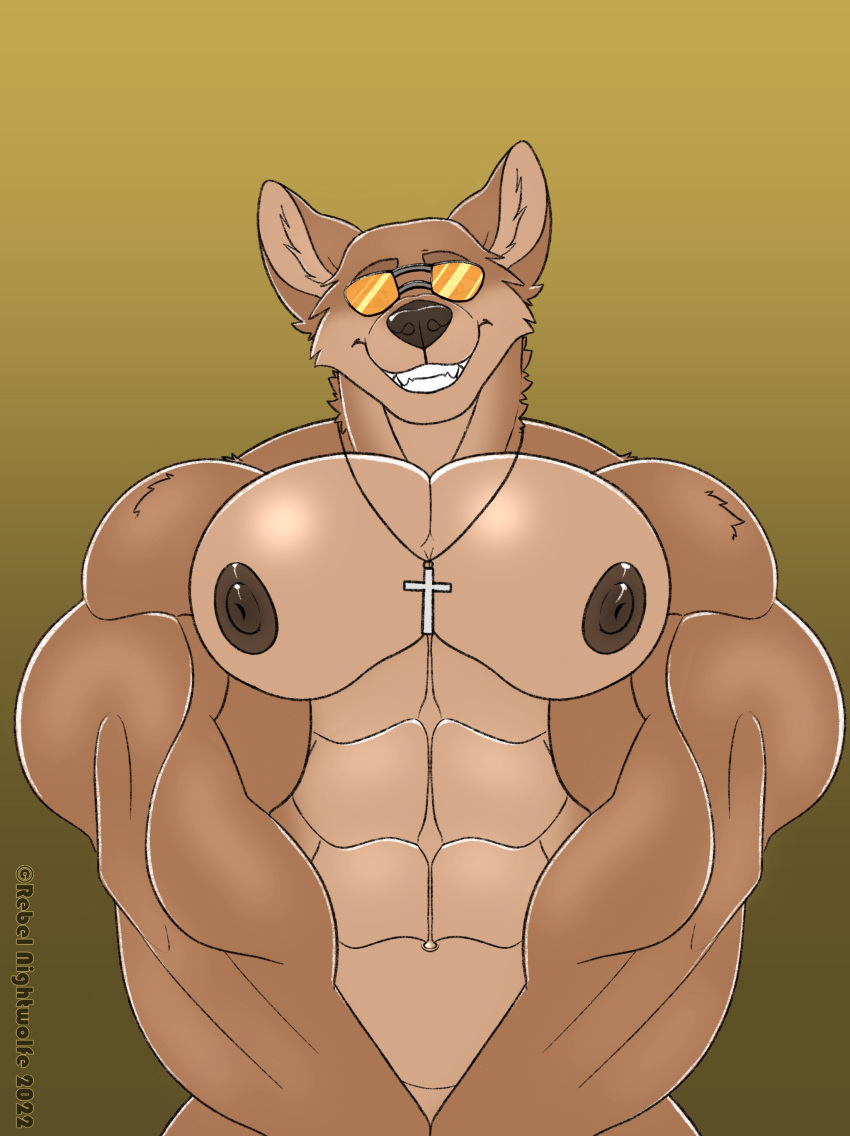 2022 abs absurd_res anthro anthrofied areola artist_name aviator_glasses biceps biped brown_areola brown_eyebrows brown_nipples brown_nose canid canine canis cheek_tuft colored copyright_symbol countershade_face countershade_torso countershading coyote cross cross_necklace dated deltoids digital_drawing_(artwork) digital_media_(artwork) eyebrows eyewear eyewear_only facial_tuft fangs front_view fur gradient_background half-length_portrait head_tilt hi_res inner_ear_fluff jewelry looking_at_viewer looking_down looking_down_at_viewer male mammal muscular muscular_anthro muscular_male neck_tuft necklace necklace_only nipples nude open_mouth open_smile orange_eyewear orange_sunglasses pecs portrait prick_ears rebel_nightwolfe scp-2547-1 scp_foundation shoulder_tuft simple_background smile solo sunglasses sunglasses_only symbol tan_body tan_fur tan_tuft teeth triceps tuft yellow_background