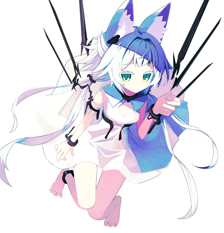 1girl absurdres animal_ear_fluff animal_ears arknights bad_feet breasts cat_ears cat_girl cleavage_cutout clothing_cutout commentary cuffs detached_wings dress expressionless green_eyes hand_up highres long_hair looking_at_viewer mechanical_wings medium_breasts neumo_(_neumo_) official_alternate_costume rosmontis_(arknights) rosmontis_(become_anew)_(arknights) shackles simple_background sleeveless sleeveless_dress solo white_background white_dress white_hair wings