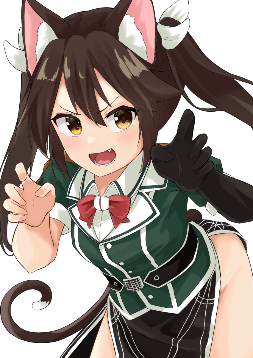 absurdres animal_ears bow bowtie brown_eyes brown_hair cat_ears cat_tail commentary_request curled_fingers elbow_gloves fang gloves green_shirt hair_between_eyes hair_ribbon highres kantai_collection leaning_forward long_hair osmium-76 pelvic_curtain red_bow red_bowtie ribbon shirt side_slit simple_background single_elbow_glove tail tone_(kancolle) tone_kai_ni_(kancolle) twintails white_background white_ribbon