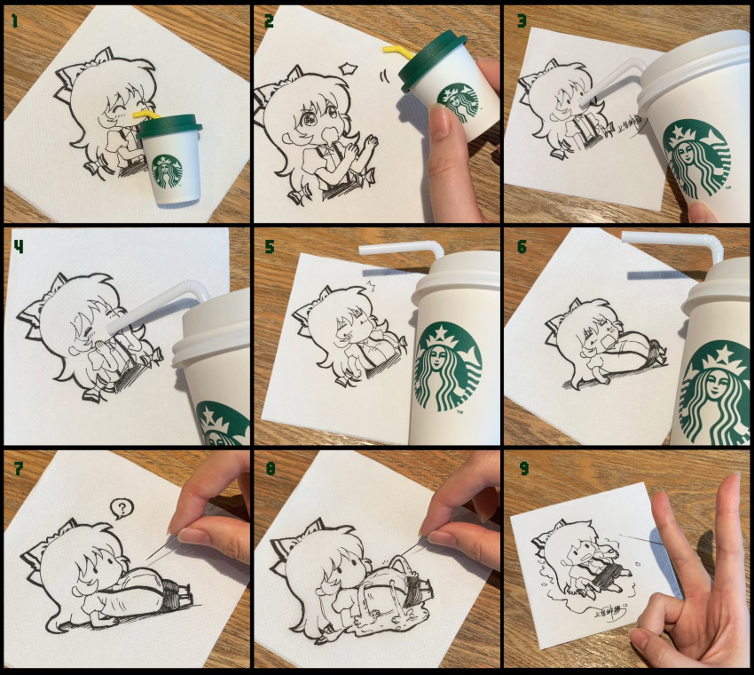 1girl chibi drinking fat fujiwara_no_mokou highres jokanhiyou napkin pants photo_(medium) sketch starbucks starbucks_siren tagme touhou unconventional_media