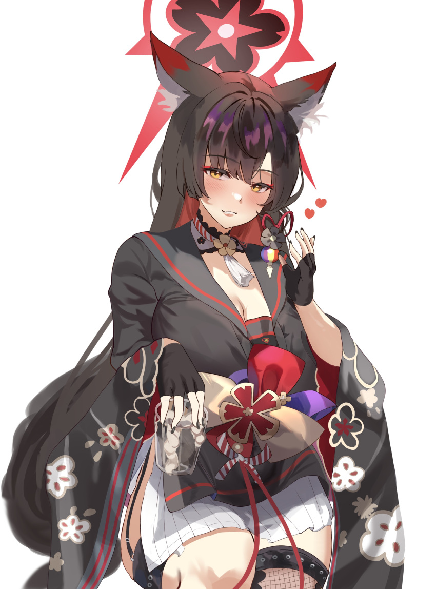 1girl absurdres animal_ears black_gloves black_hair black_kimono black_nails blue_archive blush breasts commentary_request fishnet_thighhighs fishnets floral_print fox_ears fox_girl garter_straps gloves halo heart highres horin japanese_clothes kimono looking_at_viewer nail_polish print_kimono red_halo simple_background solo thighhighs wakamo_(blue_archive) white_background yellow_eyes