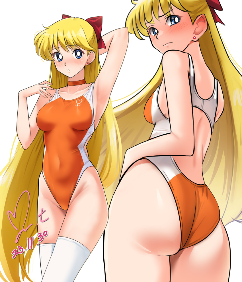 1girl absurdres aino_minako ass bishoujo_senshi_sailor_moon blonde_hair blue_eyes bow breasts choker commentary_request commission competition_swimsuit covered_navel dated earrings hair_bow half_updo highleg highleg_swimsuit highres jewelry long_hair looking_back multiple_views one-piece_swimsuit orange_choker orange_one-piece_swimsuit pixiv_commission signature small_breasts swimsuit thighhighs two-tone_swimsuit venus_symbol white_thighhighs yoo_tenchi