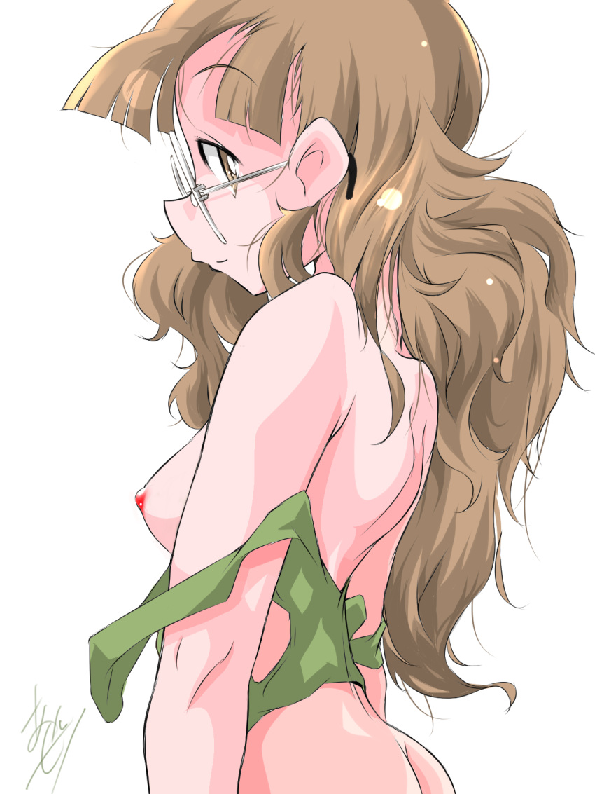 1girl alternate_hairstyle artist_name azechi_kiyochi back breasts brown_eyes brown_hair butt_crack closed_mouth from_side girls_und_panzer glasses green_tank_top hair_down highres long_hair looking_at_viewer messy_hair nipples oono_aya signature simple_background small_breasts smile solo strap_slip tank_top upper_body white_background