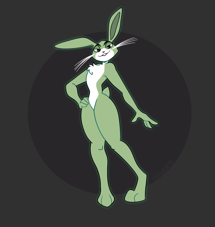 absurd_res anthro chest_tuft digitigrade female fur glowing glowing_body glowing_fur green_body green_fur grey_background half-closed_eyes hi_res lagomorph leporid mammal multicolored_body multicolored_fur narrowed_eyes rabbit simple_background smile smirk smug smug_face solo tuft two_tone_body two_tone_fur white_body white_fur xing1