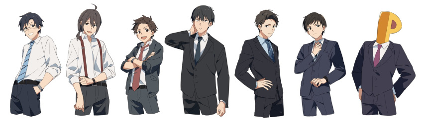 6+boys adjusting_clothes adjusting_necktie ahoge belt_buckle black_suit brown_hair buckle chestnut_sigure cropped_legs crossed_arms formal hand_in_pocket highres idolmaster idolmaster_(classic) idolmaster_cinderella_girls idolmaster_cinderella_girls_u149 idolmaster_million_live! idolmaster_shiny_colors idolmaster_side-m lineup male_focus mole_on_forehead multiple_boys necktie p-head_producer producer_(idolmaster) producer_(idolmaster_anime) producer_(idolmaster_cinderella_girls_anime) producer_(idolmaster_cinderella_girls_u149) producer_(idolmaster_million_live!_anime) producer_(idolmaster_shiny_colors_anime) producer_(idolmaster_side-m_anime) shirt simple_background striped_necktie suit suspenders watch white_background white_shirt wristwatch