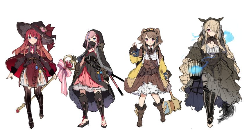 4girls :c absurdres anna_(ikeuchi_tanuma) armor assassin belt birdcage black_cloak black_dress black_shirt black_thighhighs blonde_hair blue_fire blue_hair blush boots bow brown_footwear brown_gloves brown_skirt cage capelet cloak corset crinoline criss-cross_halter cross-laced_footwear dress edel_(ikeuchi_tanuma) fantasy fingerless_gloves fire frilled_skirt frills full_body gloves goggles goggles_on_head greaves hair_over_one_eye halter_shirt halterneck hammer hat hat_bow highres holding holding_cage holding_hammer holding_staff hood hood_up hooded_cloak ikeuchi_tanuma lace-up_boots lineup long_bangs long_dress long_hair long_sleeves looking_at_viewer mask mouth_mask multicolored_hair multiple_girls neck_ribbon one_eye_covered open_mouth original pelvic_curtain petticoat pink_hair purple_eyes red_capelet red_eyes red_hair red_skirt ribbon rije_(ikeuchi_tanuma) sandals shirt short_hair short_twintails side_slit sidelocks simple_background skirt sleeve_cuffs sleeveless sleeveless_shirt staff straight-on straight_hair streaked_hair swept_bangs thighhighs tino_(ikeuchi_tanuma) twintails white_background wisp wizard wizard_hat
