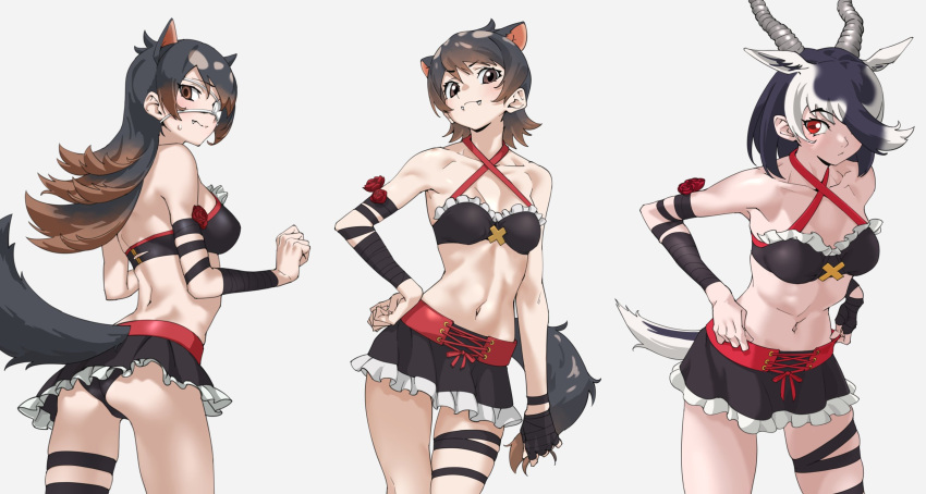 3girls animal_ears antelope_ears antelope_horns ass australian_devil_(kemono_friends) bandeau bare_shoulders batten_japari_dan bikini bikini_skirt black_bandeau black_bikini black_hair black_skirt blackbuck_(kemono_friends) breasts brown_eyes brown_hair collarbone commentary cowboy_shot criss-cross_halter empty_eyes extra_ears eyepatch fang fang_out fangs fangs_out flipped_hair flower frilled_skirt frills from_behind gradient_hair grey_background hair_over_one_eye halterneck hand_on_own_hip highres horizontal_pupils horns kemono_friends looking_at_viewer matching_outfits medical_eyepatch medium_breasts medium_hair microskirt miniskirt multicolored_hair multiple_girls navel one_eye_covered red_eyes red_flower red_rose rose simple_background skirt small_breasts stomach swimsuit tail tail_through_clothes tanabe_(fueisei) tasmanian_devil_(kemono_friends) tasmanian_devil_ears tasmanian_devil_tail thigh_strap two-tone_hair white_background white_hair wrist_wrap