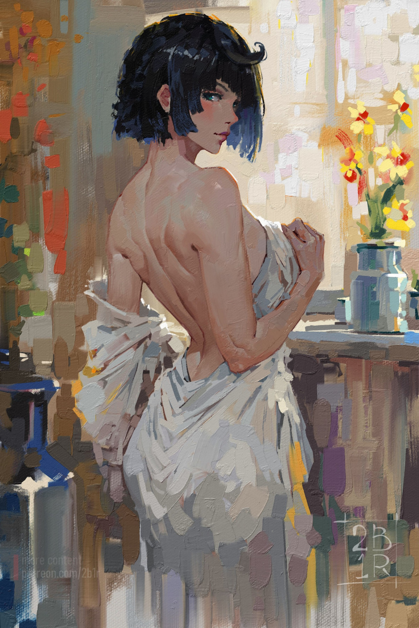 1girl absurdres artist_name back backless_dress backless_outfit bare_back bare_shoulders black_hair blue_hair blush bob_cut breasts canvas_(medium) commentary diagonal_bangs dress faux_traditional_media flower from_behind genshin_impact green_eyes highres large_breasts looking_at_viewer looking_back median_furrow multicolored_hair painterly ravine_bells short_hair shoulder_blades sideboob sleeveless sleeveless_dress solo strapless strapless_dress white_dress yelan_(genshin_impact)