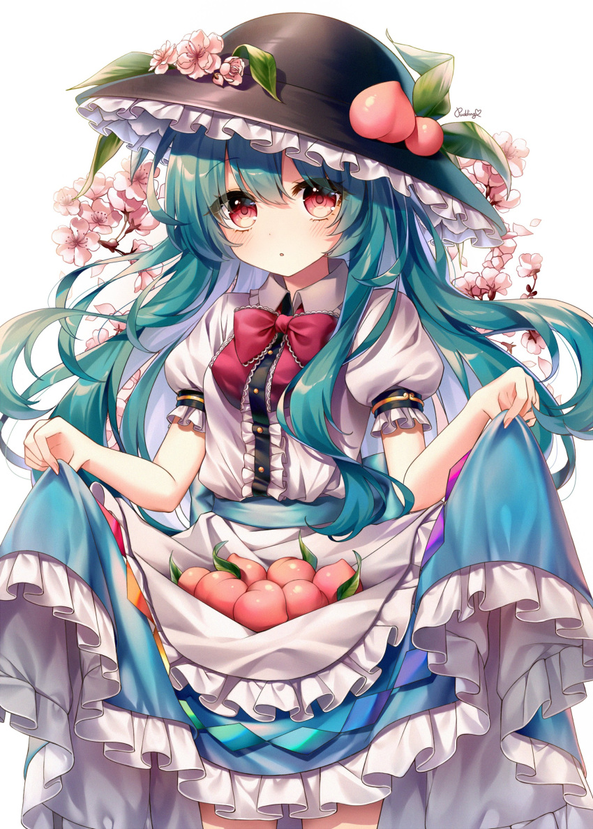 1girl absurdres black_headwear blue_hair blue_skirt blush bow bowtie buttons center_frills cherry_blossoms clothes_lift collared_shirt cowboy_shot flower food frilled_skirt frills fruit fruit_hat_ornament hair_between_eyes hat hat_flower hat_ornament highres hinanawi_tenshi lifted_by_self long_hair looking_at_viewer parted_lips peach peach_hat_ornament pink_flower pudding_(skymint_028) puffy_short_sleeves puffy_sleeves red_bow red_bowtie red_eyes shirt short_sleeves sidelocks simple_background skirt skirt_lift solo touhou white_background white_shirt