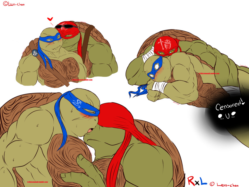 anthro biceps duo green_body green_skin kissing leonardo_(tmnt) levana male male/male muscular muscular_anthro muscular_male raphael_(tmnt) reptile scalie shell teenage_mutant_ninja_turtles teenage_mutant_ninja_turtles_(2014) turtle turtle_shell