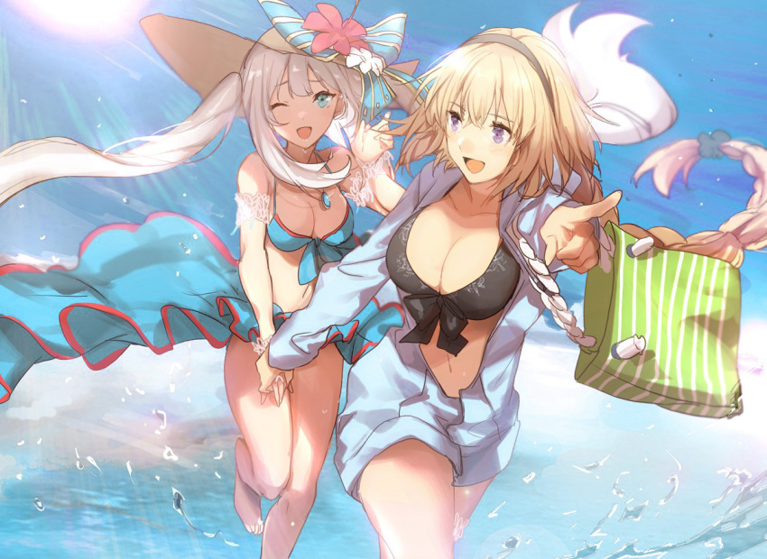 2girls bag blonde_hair blue_eyes blue_sky breasts cleavage collarbone commentary_request day dress fate/grand_order fate_(series) flower front-tie_top hair_between_eyes hairband hat hat_flower hat_ribbon holding_hands jeanne_d'arc_(fate) jeanne_d'arc_(swimsuit_archer)_(fate) jeanne_d'arc_(swimsuit_archer)_(first_ascension)_(fate) large_breasts long_hair long_sleeves marie_antoinette_(fate) marie_antoinette_(swimsuit_caster)_(fate) marie_antoinette_(swimsuit_caster)_(third_ascension)_(fate) multiple_girls no-kan one_eye_closed open_clothes open_mouth open_shirt outdoors purple_eyes revision ribbon running shopping_bag sky smile sun sun_hat swimsuit twintails very_long_hair water white_hair