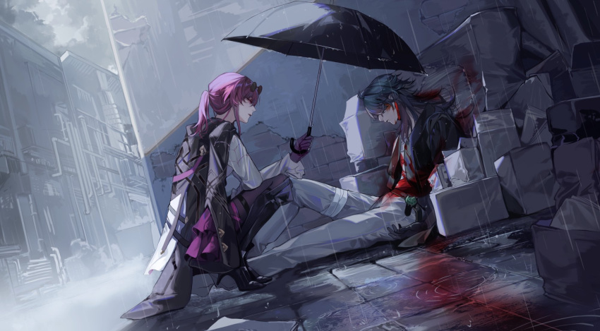 1boy 1girl black_jacket blood blood_on_clothes blue_hair character_request eyewear_on_head from_side gloves highres holding holding_umbrella honkai:_star_rail honkai_(series) jacket kafka_(honkai:_star_rail) long_hair long_jacket pants pantyhose pantyhose_under_shorts pink_gloves purple_eyes purple_gloves purple_hair purple_pantyhose rain round_eyewear shirt shorts sitting squatting sunglasses to_e umbrella white_pants white_shirt