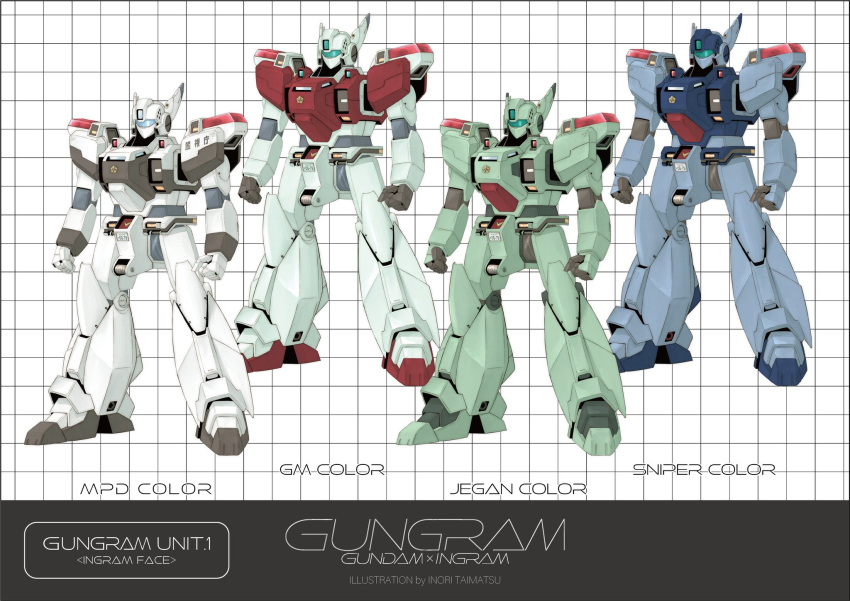 arms_at_sides artist_name assault_visor av-98_ingram buchi_holes char's_counterattack character_request check_character clenched_hands crossover fusion gm_(mobile_suit) gm_ii gm_sniper_ii gundam gundam_0080 highres inori_taimatsu jegan kidou_keisatsu_patlabor mecha mobile_suit_gundam multiple_views no_humans police reference_sheet robot science_fiction standing zeta_gundam