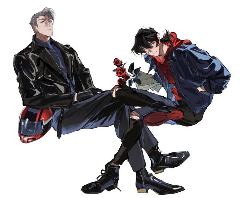 2boys alternate_costume atie1225 black_hair bouquet casual flower grey_hair hands_in_pockets headwear_removed helmet helmet_removed hood hoodie jacket keith_(voltron) leather leather_jacket male_focus motorcycle_helmet multiple_boys red_flower red_rose rose scar scar_on_face sitting takashi_shirogane turtleneck voltron:_legendary_defender voltron_(series) white_hair