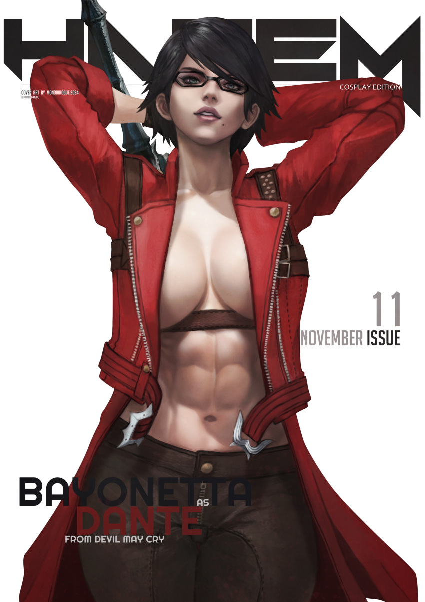 1girl abs absurdres bayonetta bayonetta_(series) bayonetta_2 black_hair breasts coat crossover dante_(devil_may_cry) devil_may_cry_(series) glasses highres jacket large_breasts lips lipstick looking_at_viewer makeup mole mole_under_mouth monori_rogue muscular muscular_female navel red_coat short_hair simple_background solo sword weapon