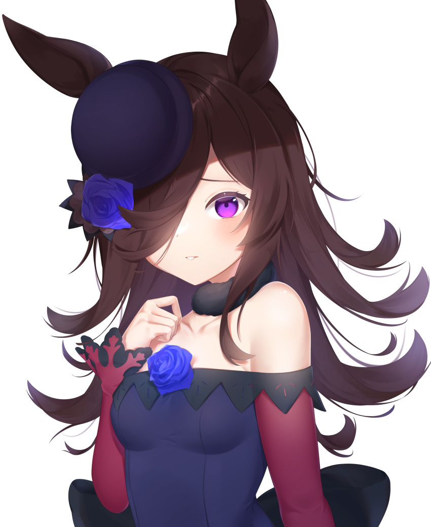 1girl absurdres animal_ears aoitsuki bare_shoulders black_hair blue_dress blue_flower blue_headwear blue_rose closed_mouth dress flower fur_collar hair_over_one_eye hat hat_flower highres horse_ears horse_girl light_smile long_bangs long_hair long_sleeves looking_at_viewer off-shoulder_dress off_shoulder purple_eyes rice_shower_(umamusume) rose short_dress simple_background solo tilted_headwear umamusume upper_body white_background