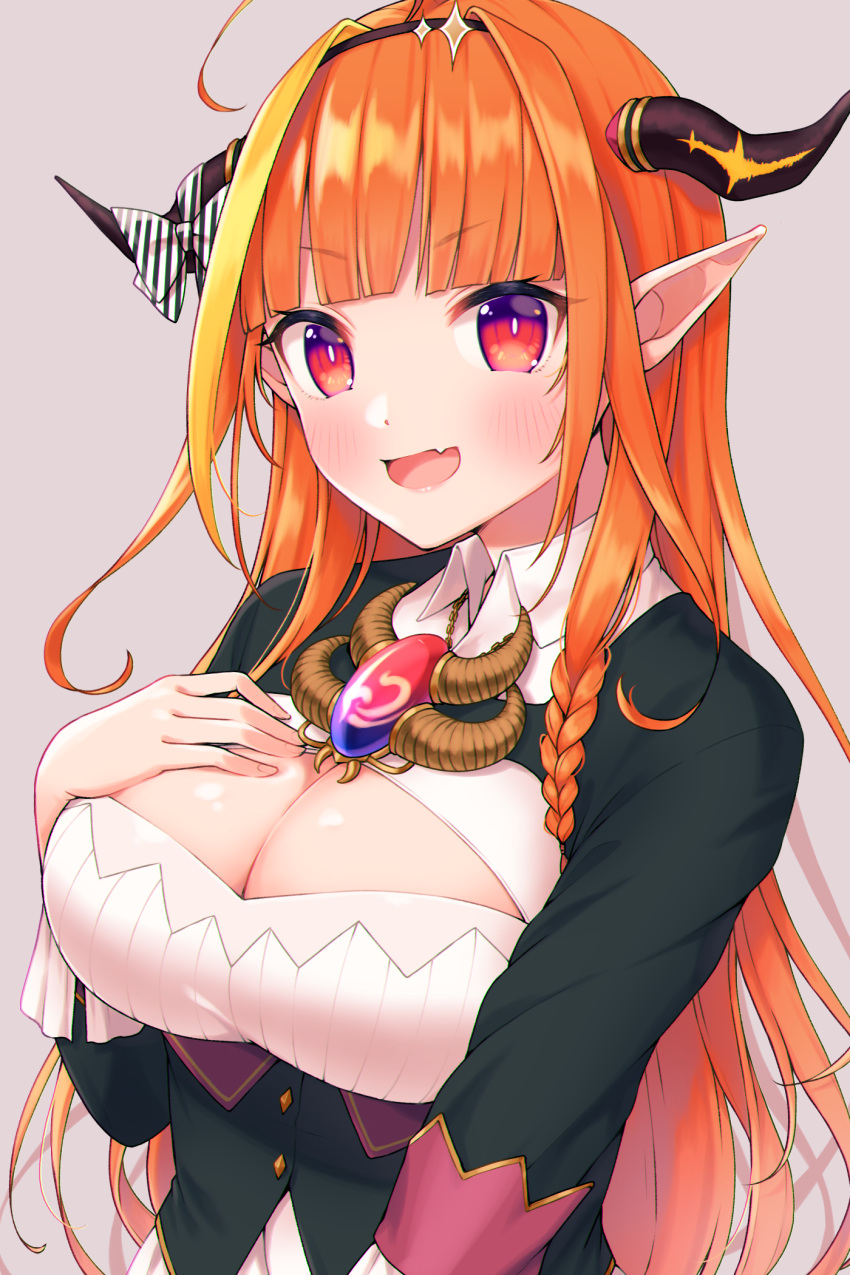 1girl ahoge black_jacket blonde_hair blunt_bangs blush bow braid breasts brooch cleavage collared_shirt diagonal-striped_bow diagonal_stripes dragon_girl dragon_horns fang hairband hand_on_own_chest highres hololive horn_bow horn_ornament horns jacket jewelry kiryu_coco kiryu_coco_(1st_costume) large_breasts long_hair looking_at_viewer multicolored_hair open_mouth orange_hair pointy_ears purple_background red_eyes shirt side_braid simple_background skin_fang smile solo streaked_hair striped tomozu two-tone_hair upper_body virtual_youtuber white_shirt wing_collar