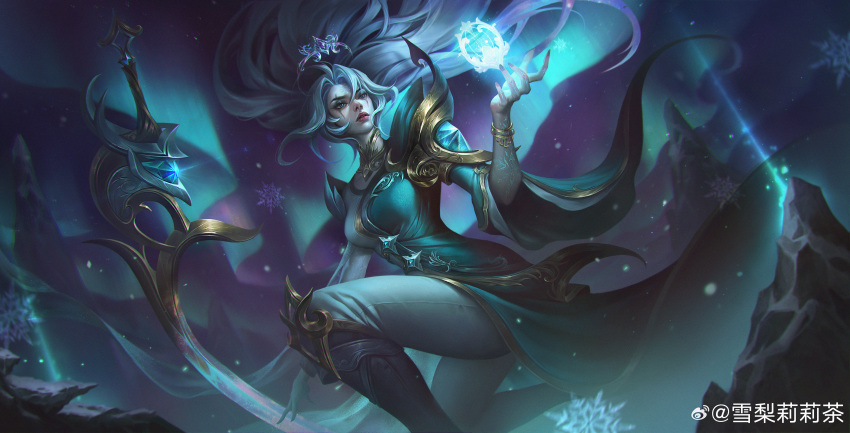 1girl absurdres artist_name aurora boots breasts crown diana_(league_of_legends) dress expressionless eyeshadow floating_hair forehead green_dress highres holding holding_weapon large_breasts league_of_legends long_hair makeup mountain night night_sky official_alternate_costume official_alternate_hairstyle outdoors pants parted_bangs parted_lips sidelocks sky snow snowflakes solo standing star_(sky) sydney_lily thigh_boots weapon white_hair white_pants wide_sleeves winterblessed_diana