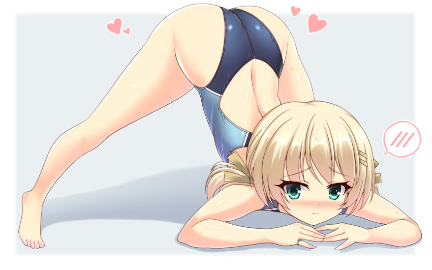 1girl arm_rest ass barefoot blonde_hair blue_one-piece_swimsuit blush competition_swimsuit embarrassed full_body green_eyes hair_ornament hairclip hands_on_ground hizuki_aki jack-o'_challenge long_hair looking_at_viewer nose_blush one-piece_swimsuit original revision solo spoken_blush spread_legs swimsuit top-down_bottom-up twintails two-tone_swimsuit wide_spread_legs