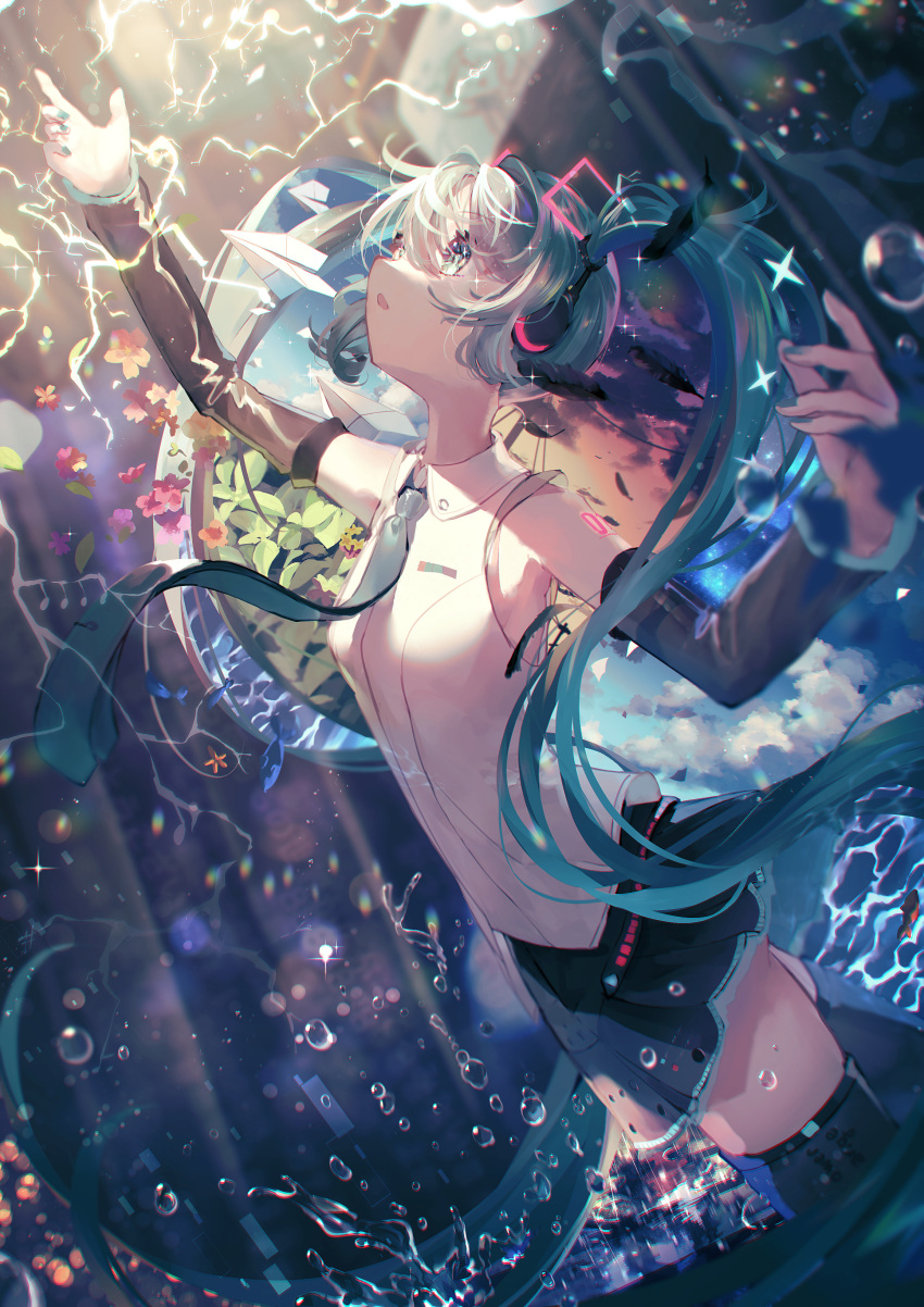 1girl absurdres aqua_hair aqua_nails aqua_necktie black_skirt black_sleeves black_thighhighs carume_cuo cowboy_shot detached_sleeves floating_hair green_eyes hair_between_eyes hatsune_miku hatsune_miku_(vocaloid4) headphones highres long_hair long_sleeves looking_up miniskirt nail_polish necktie open_mouth pleated_skirt shirt skirt sleeveless sleeveless_shirt solo thighhighs twintails very_long_hair vocaloid white_shirt zettai_ryouiki