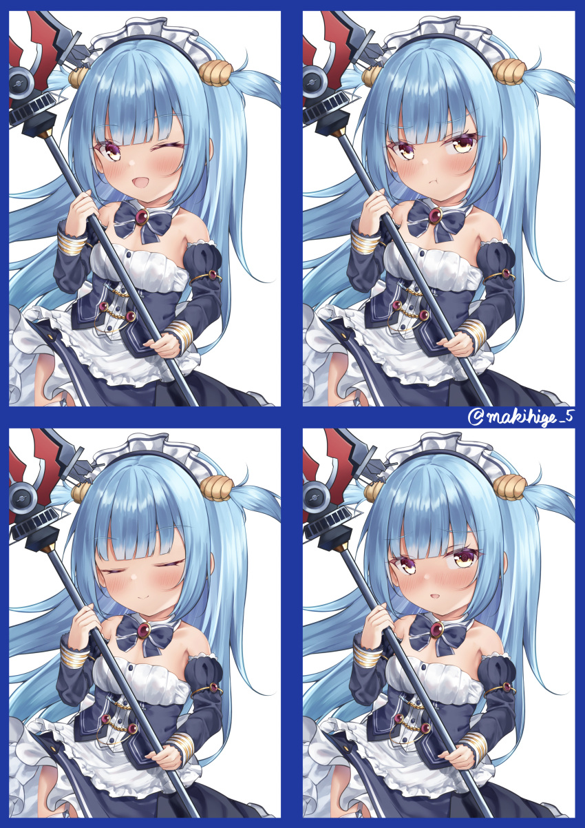 1girl ;d absurdres age_regression aged_down apron azur_lane bare_shoulders blue_dress blue_hair blush closed_eyes corset cover detached_sleeves dress expressions fake_cover frilled_apron frilled_dress frills hand_up highres holding_trident long_hair looking_at_viewer maid_headdress makihige neptune_(azur_lane) one_eye_closed pout shell_hair_ornament signature smile solo very_long_hair waist_apron white_apron yellow_eyes