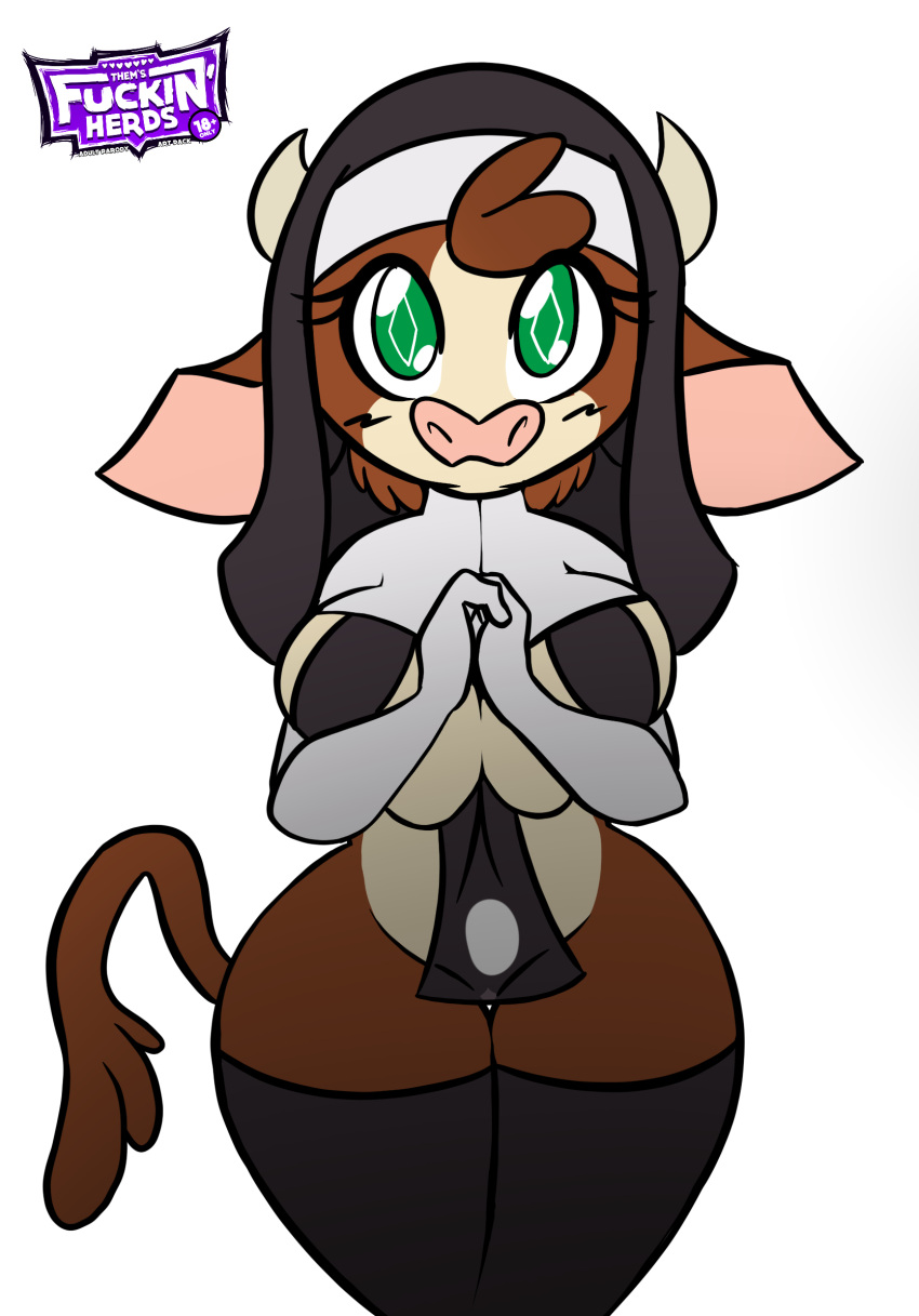 2022 2_horns alpha_channel anthro anthrofied arizona_cow_(tfh) bedroom_eyes bovid bovine breast_squish breasts brown_body brown_fur brown_hair brown_tail cattle clothed clothing digital_drawing_(artwork) digital_media_(artwork) female fur green_eyes hair hereford_cattle hi_res horn legwear looking_at_viewer mammal multicolored_body multicolored_fur narrowed_eyes nun partially_clothed pink_nose portrait seductive simple_background solo squish steelsoul tail tan_body tan_fur them's_fightin'_herds thick_thighs thigh_highs three-quarter_portrait transparent_background two_tone_body two_tone_fur veil wide_hips