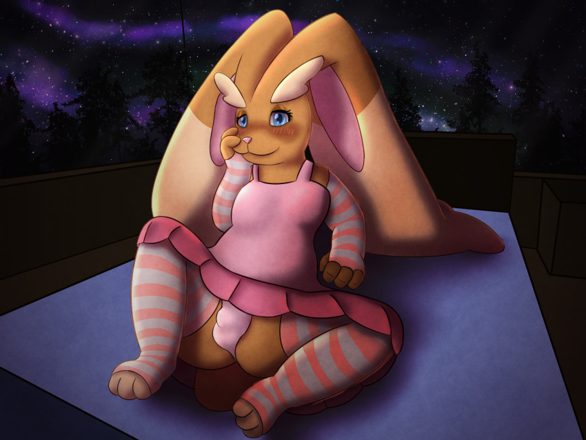 anthro arm_stockings bed bottomwear bulge clothing furniture generation_4_pokemon girly hi_res leg_stockings legwear lopunny lying male nintendo on_back orangestheasd_(artist) pokemon pokemon_(species) shirt skirt solo stockings tank_top topwear