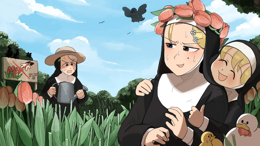 3girls ^_^ bandaid bandaid_on_face bird black_eyes blonde_hair blue_eyes catholic chicken closed_eyes clumsy_nun_(diva) crow diva_(hyxpk) duck duckling eating english_commentary flower flower_wreath grey_hair grumpy_nun_(diva) habit hair_flower hair_ornament hat highres holding holding_watering_can leaf leaf_nun_(diva) little_nuns_(diva) mole mole_on_cheek multiple_girls nun outdoors shaded_face sign smile traditional_nun tulip watering_can