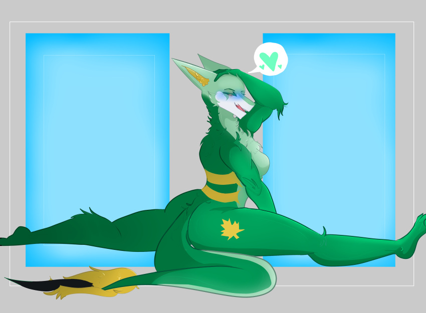 &lt;3 absurd_res anthro blush breasts female fur generation_5_pokemon green_body green_fur hand_on_head hi_res licking licking_lips looking_at_viewer maple_(zorgoiasyrup) nintendo pokemon pokemon_(species) serperior solo tongue tongue_out whyisfallhere zorgoia