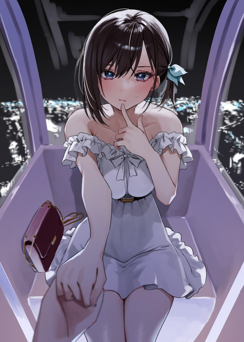 1girl 1other absurdres bag bare_shoulders belt black_belt blue_eyes blush breasts brown_hair chigusa_minori closed_mouth collarbone commentary_request dress ferris_wheel_interior finger_to_own_chin frilled_dress frills futago_matomete_kanojo_ni_shinai? hair_between_eyes hair_ribbon handbag highres holding_hands large_breasts looking_at_viewer night off-shoulder_dress off_shoulder official_art one_side_up pov ribbon short_hair sitting solo_focus sweatdrop usami_chikage white_dress white_ribbon