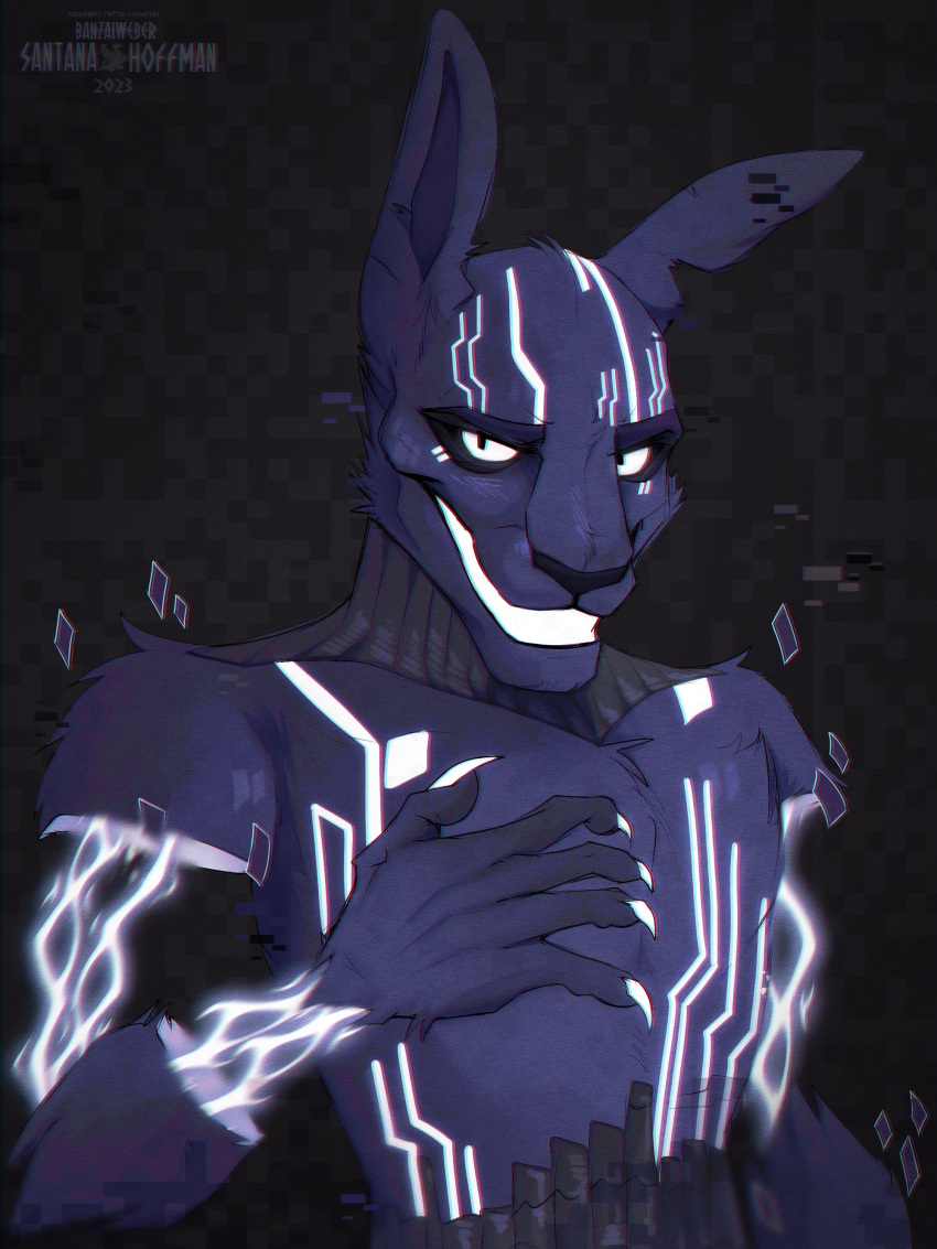 2023 absurd_res anthro black_eyes black_nose claws detailed electricity five_nights_at_freddy's five_nights_at_freddy's:_security_breach fur glitch glowing glowing_body glowing_claws glowing_eyes glowing_teeth grey_background grey_body half-closed_eyes hand_on_chest happy hi_res lagomorph leporid long_ears looking_at_viewer male mammal multicolored_body mxes_(fnaf) narrowed_eyes nude pecs pixelated_background portrait pose pupils purple_body purple_ears purple_fur rabbit raised_arm santanahoffman scottgames shadow sharp_claws signature simple_background small_pupils smile smiling_at_viewer solo steel_wool_studios teeth