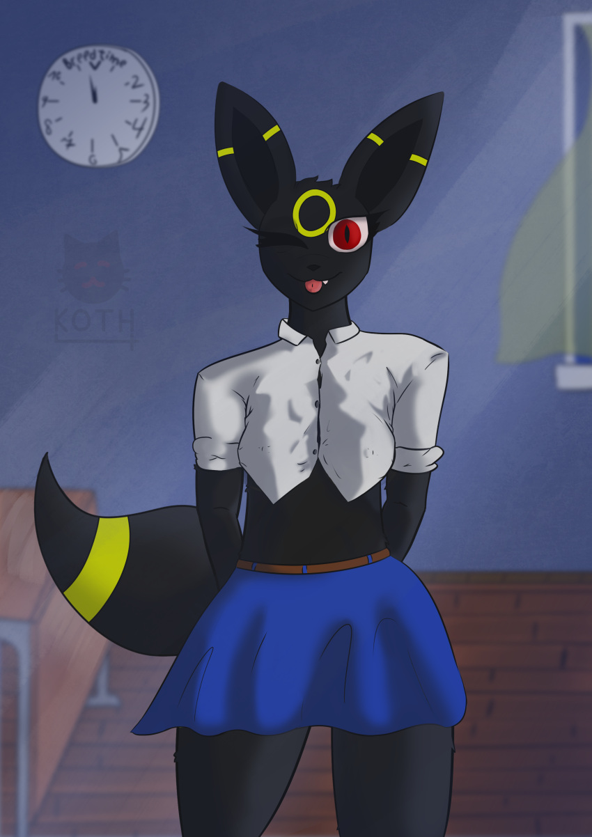 absurd_res anthro anthrofied big_breasts big_ears black_body black_fur bottomwear bra breasts butt canid canine clothed clothing eeveelution female fur generation_2_pokemon hi_res inside koth4 long_tail looking_at_viewer mammal night nintendo pokemon pokemon_(species) red_eyes school school_uniform skirt smile solo solo_focus tail thick_thighs tongue tongue_out umbreon underwear uniform