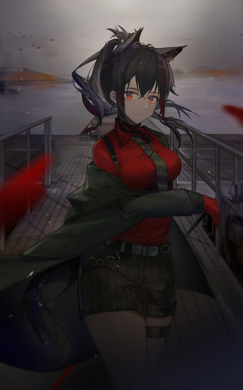 1girl absurdres animal_ears arknights belt black_coat black_hair black_shorts breasts closed_mouth cloud cloudy_sky coat cowboy_shot day green_necktie highres lake large_breasts long_hair long_sleeves looking_at_viewer necktie off_shoulder official_alternate_costume open_clothes open_coat outdoors petals red_eyes red_shirt shirt shorts sky solo striped_necktie tail texas_(arknights) texas_(willpower)_(arknights) thigh_strap wolf_ears wolf_girl wolf_tail yuuki_mix