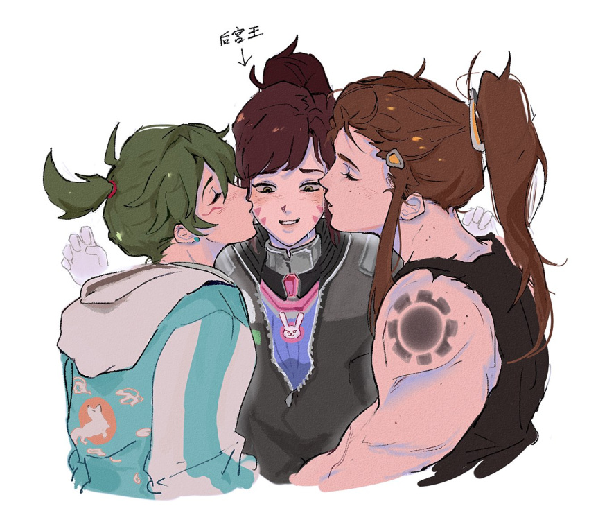 3girls bjmaki brigitte_(overwatch) brown_eyes brown_hair d.va_(overwatch) facepaint facial_mark green_hair hair_pulled_back hood hoodie kiriko_(overwatch) kiss kissing_cheek long_hair multiple_girls overwatch overwatch_2 ponytail shoulder_tattoo tattoo translation_request whisker_markings white_background yuri