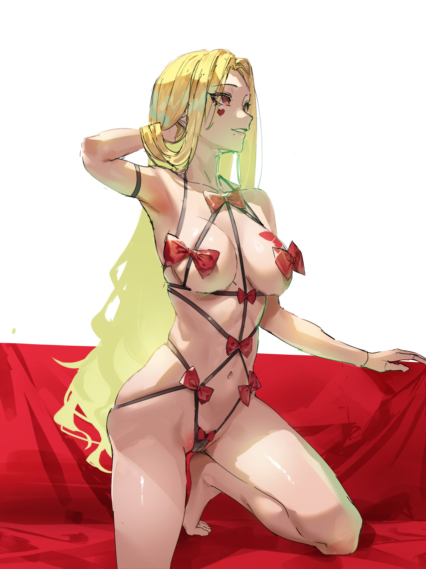 1girl absurdres adjusting_hair blonde_hair bow breasts facial_mark hair_intakes highres kneeling kuroi_suna large_breasts long_hair looking_to_the_side luis_cammy mole mole_under_mouth nijisanji red_eyes revealing_clothes ribbon sketch solo tattoo very_long_hair virtual_youtuber