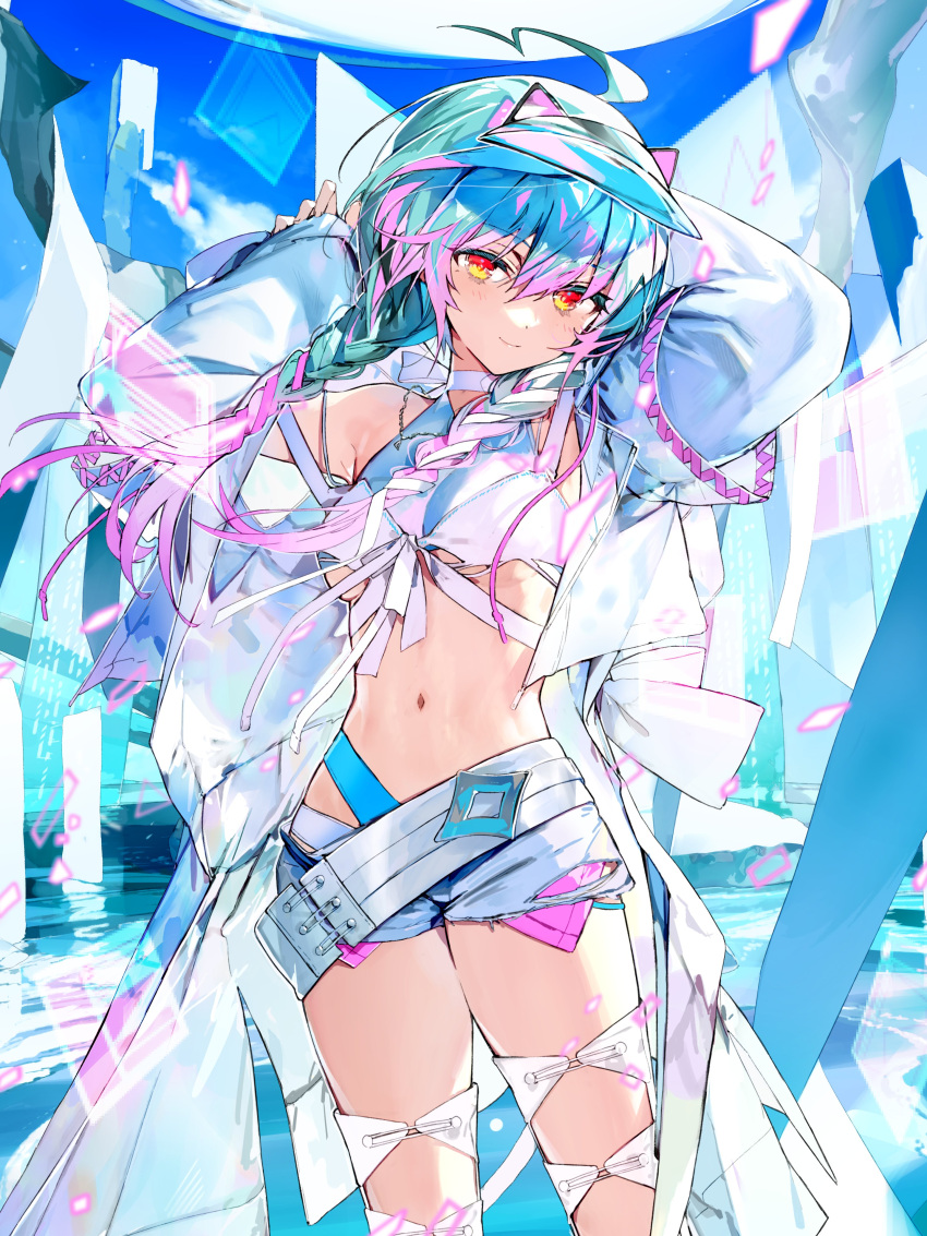 1girl absurdres ahoge aqua_hair bare_shoulders belt bikini bikini_under_shorts blue_bikini blush braid breasts cassius_(phantom_of_the_kill) cat_ear_hairband choker closed_mouth commentary_request floating_hair hair_ornament highleg highleg_bikini highres jacket long_hair long_sleeves looking_at_viewer medium_breasts multicolored_hair navel open_clothes open_jacket orange_eyes phantom_of_the_kill pink_hair ribbon ribbon_choker see-through see-through_jacket shorts solo stomach streaked_hair swimsuit torn_clothes twin_braids underboob visor_cap wata_(attaka_towel) white_belt white_choker white_ribbon white_shorts