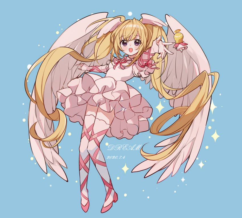 2girls angel angel_wings artist_name blonde_hair blush dated dream_(1791923913) dress el_(shugo_chara!) feathers full_body gloves guardian_chara halo head_wings highres hoshina_utau light_blue_background multiple_girls open_mouth pink_dress pink_footwear pink_ribbon purple_eyes ribbon seraphic_charm shugo_chara! smile thighhighs twintails white_gloves white_thighhighs wings