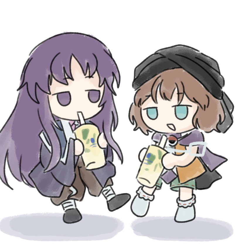 2others androgynous baila_kuangzi bandaged_leg bandages black_footwear black_headwear blue_capelet blue_eyes brown_hair brown_pants capelet chibi chinese_commentary clause coat collared_shirt commentary_request cup drinking green_shorts holding holding_cup kuzu_suzumi len'en long_hair long_sleeves multiple_others no_nose no_shoes open_mouth other_focus pants pink_shirt purple_coat purple_eyes purple_hair purple_scarf ribbon-trimmed_shorts ribbon-trimmed_socks ribbon_trim scarf shirt short_hair shorts simple_background sketch smile socks turban white_background white_socks
