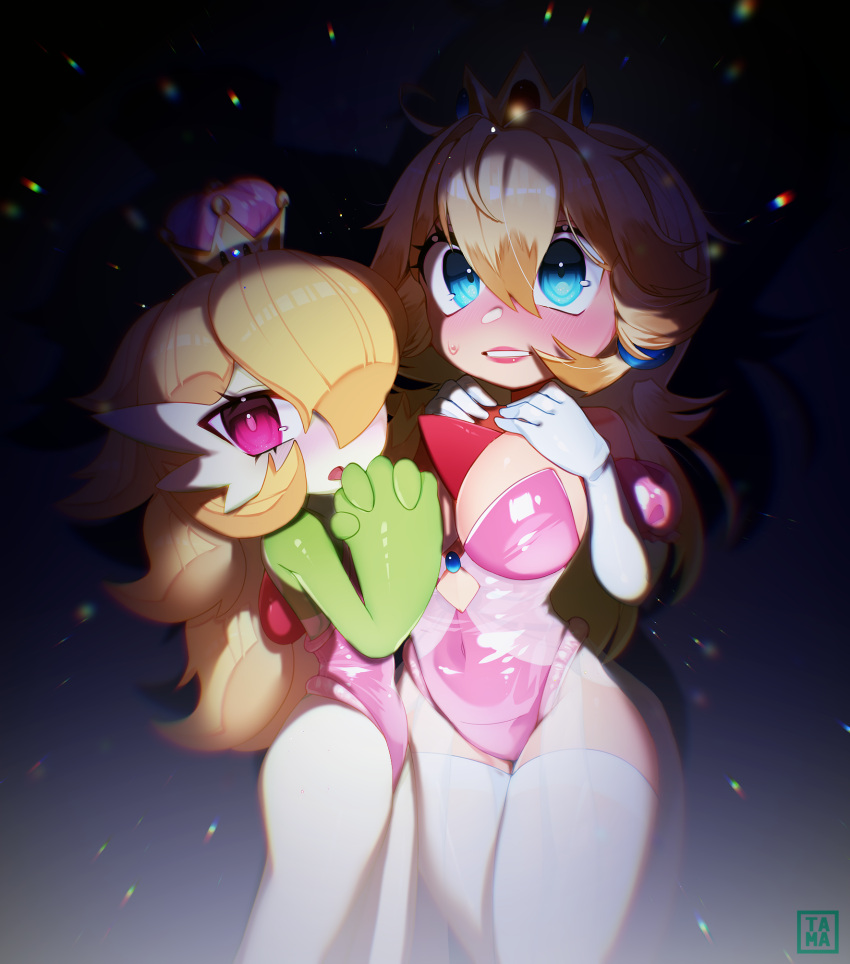 2girls alternate_hair_color alternate_hairstyle artist_name black_background blonde_hair blue_eyes blue_gemstone blush breasts clothing_cutout colored_skin commentary covered_navel crossover crown dark earrings elbow_gloves existenc3 gardevoir gem gloves gradient_background green_skin hair_between_eyes hair_flaps hair_over_one_eye hands_on_own_chest hands_up highres interlocked_fingers jewelry large_breasts leotard light_particles long_hair looking_at_viewer mario_(series) multicolored_skin multiple_girls new_super_mario_bros._u_deluxe nose_blush one_eye_covered open_mouth own_hands_together pink_headwear pink_leotard pink_lips pokemon pokemon_(creature) princess_peach red_eyes see-through shiny_clothes shiny_skin sidelocks signature simple_background standing strapless strapless_leotard super_crown teeth thick_thighs thighhighs thighs two-tone_skin white_gloves white_skin white_thighhighs wide-eyed wide_hips yellow_headwear