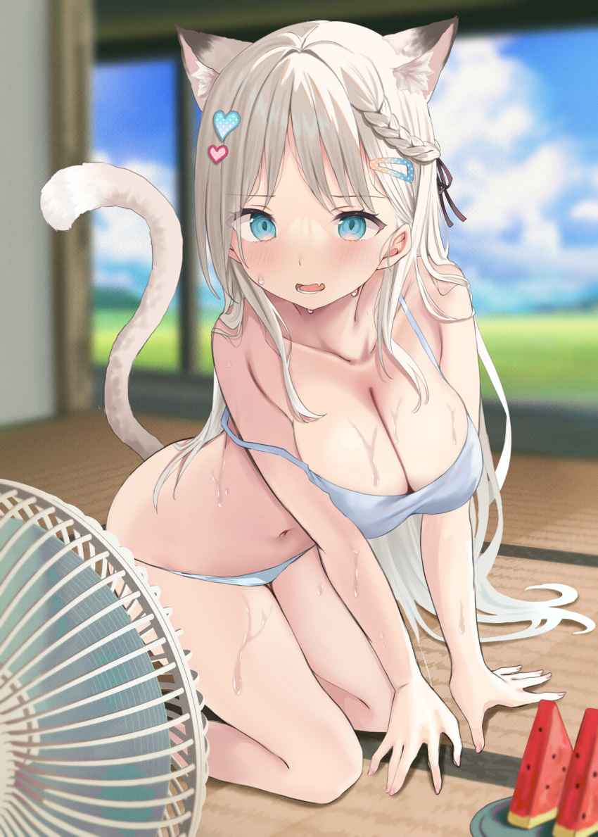 1girl akino_ell animal_ears bare_arms bare_legs bare_shoulders blue_eyes blue_sky blurry blurry_background blush braid breasts cat_ears cat_girl cat_tail cleavage cloud cloudy_sky commentary_request day depth_of_field electric_fan fang food fruit grey_hair hair_ornament hairclip heart heart_hair_ornament highres indoors large_breasts long_hair navel open_mouth original panties parted_bangs plate sky solo strap_slip sweat tail tatami underwear underwear_only very_long_hair watermelon watermelon_slice white_panties