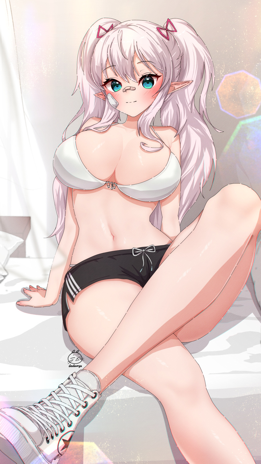 1girl absurdres arm_support artist_name bandaid bandaid_on_face bandaid_on_nose bare_arms bare_legs bare_shoulders bed black_shorts blue_eyes blush breasts cleavage commentary crossed_legs dadamyu foot_out_of_frame hair_ornament high_tops highres indoors knee_up large_breasts legs long_hair looking_at_viewer navel original pillow pointy_ears shoes short_shorts shorts sidelocks sitting smile sneakers solo twintails white_footwear white_hair