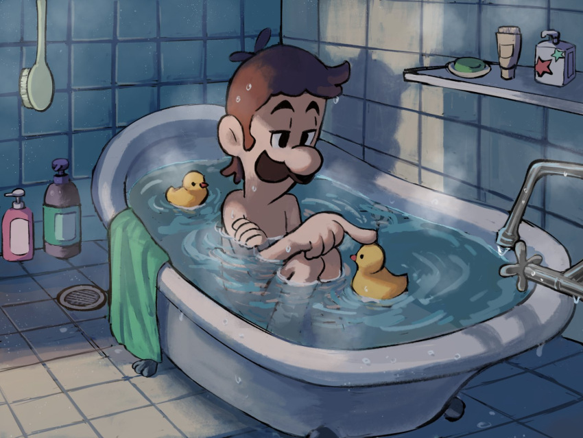 1boy bar_soap bath bath_brush bathtub black_eyes bottle brown_hair claw_foot_bathtub facial_hair faucet highres in_water indoors luigi male_focus mario_(series) mustache partially_submerged rubber_duck shampoo_bottle shelf short_hair sitting solo star_(symbol) tile_floor tile_wall tiles towel water water_drop wet wet_hair ya_mari_6363