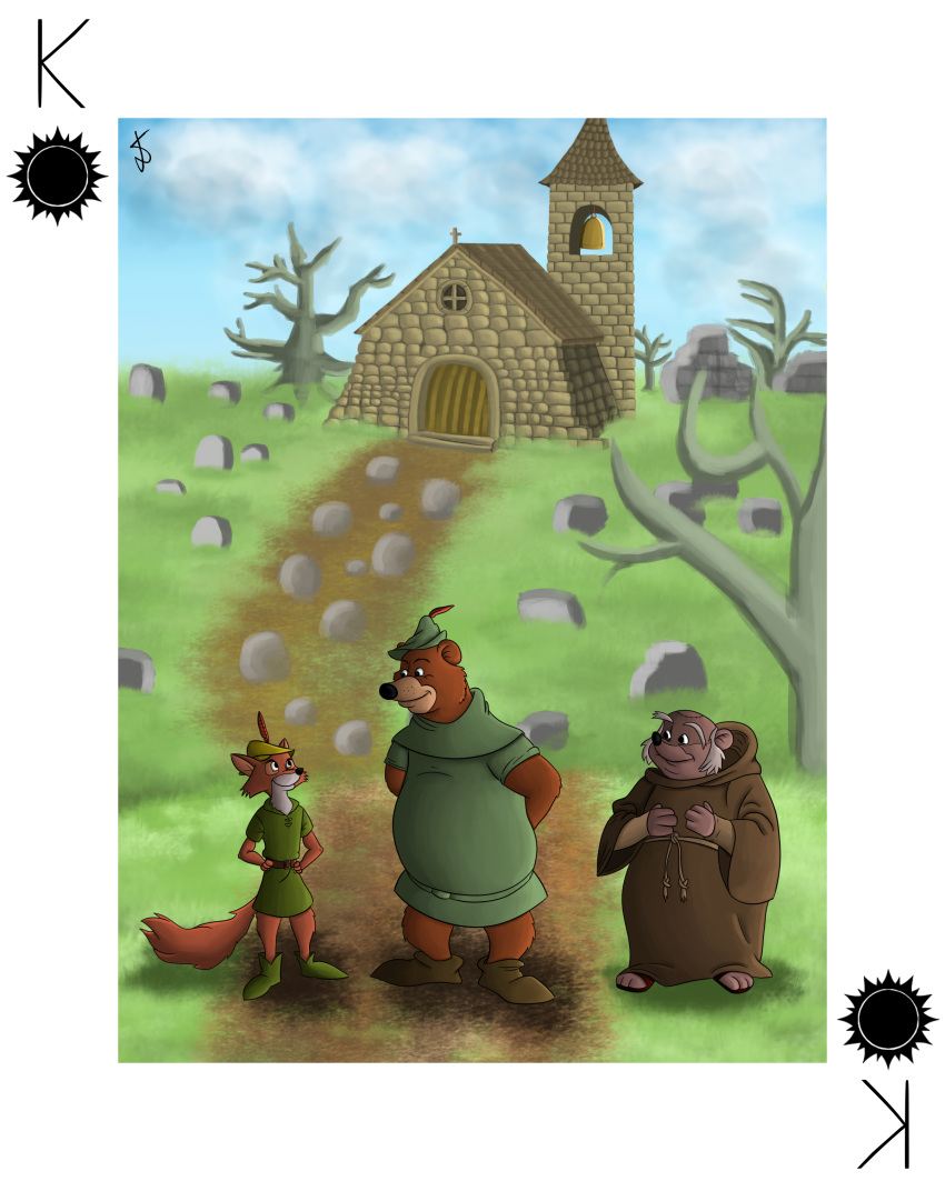 absurd_res anthro badger bear canid canine card church clothing custom_cards disney fox friar_tuck group hi_res little_john male mammal monk mustelid musteline playing_card robin_hood robin_hood_(disney) shiromon999 trio tunic