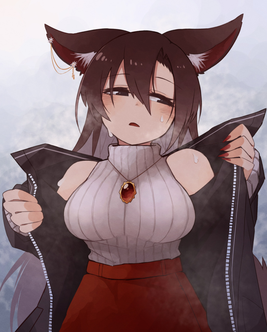 1girl absurdres adapted_costume animal_ear_fluff animal_ears aran_sweater bare_shoulders black_coat blush breasts brown_eyes brown_hair cable_knit coat ear_ornament fingernails gradient_background grey_background grey_sweater hair_between_eyes hands_up highres imaizumi_kagerou jewelry kaginoni large_breasts long_fingernails long_hair looking_to_the_side nail_polish necklace parted_lips red_nails red_skirt removing_coat sharp_fingernails simple_background skirt sleeveless sleeveless_sweater sleeveless_turtleneck solo steam sweater touhou turtleneck undressing very_long_hair wolf_ears