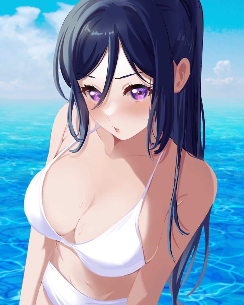 1girl bikini blue_hair blush breasts collarbone high_ponytail highres large_breasts long_hair looking_at_viewer love_live! love_live!_sunshine!! matsuura_kanan mei_hinamatsu ocean ponytail purple_eyes stomach swimsuit wet white_bikini