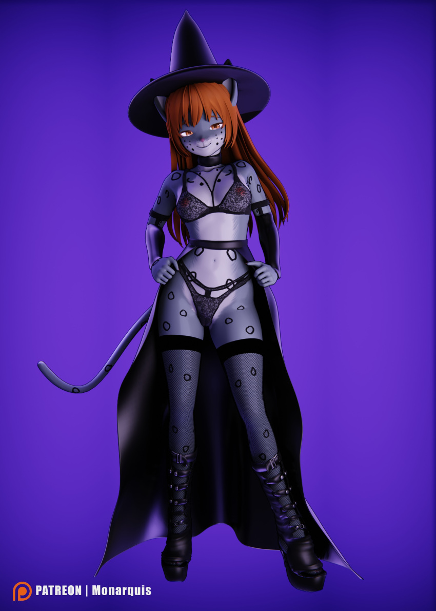3d_(artwork) absurd_res animal_humanoid anthro black_clothing boots breasts cat_humanoid clothing digital_media_(artwork) felid felid_humanoid feline feline_humanoid female footwear hair halloween halloween_costume hat headgear headwear hi_res holidays humanoid lingerie magic_user mammal mammal_humanoid momo_(monarquis) monarquis pantherine red_hair simple_background snow_leopard solo witch witch_costume witch_hat