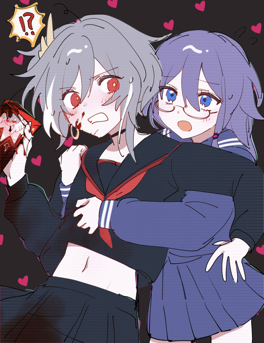 !? 2girls alternate_costume alternate_hairstyle black_background black_choker black_skirt black_sleeves blue_eyes blue_hair blue_skirt blue_sleeves blush c_uino choker dual_persona earrings fu_hua fu_hua_(herrscher_of_sentience) fu_hua_(valkyrie_accipiter) grey_hair hair_between_eyes hand_on_another's_chest hand_on_another's_shoulder heart highres holding holding_weapon honkai_(series) honkai_impact_3rd hug hug_from_behind jewelry long_hair looking_at_another midriff multicolored_hair multiple_girls navel open_mouth red-framed_eyewear red_hair sailor_collar short_hair simple_background skirt streaked_hair upper_body weapon