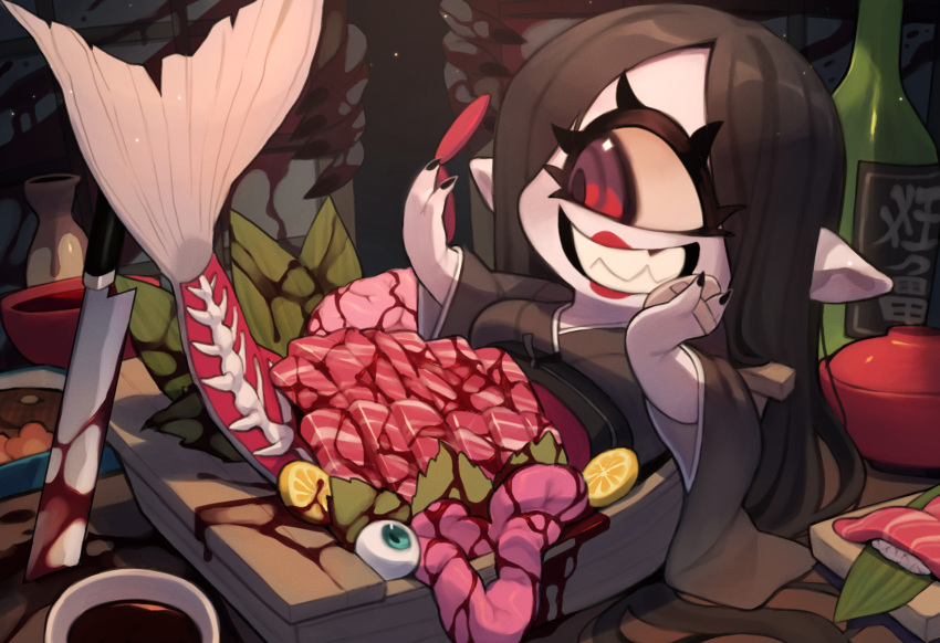 1girl applying_makeup black_hair black_kimono black_nails bottle bowl breasts colored_skin commentary cyclops eyeball fish_(food) food fruit grin guro highres holding holding_mirror intestines japanese_clothes kimono knife lemon lemon_slice makeup medium_breasts mermaid mini_person minigirl mirror monster_girl one-eyed original red_eyes sake_bottle sashimi smile solo soy_sauce sushi white_skin zombiemiso