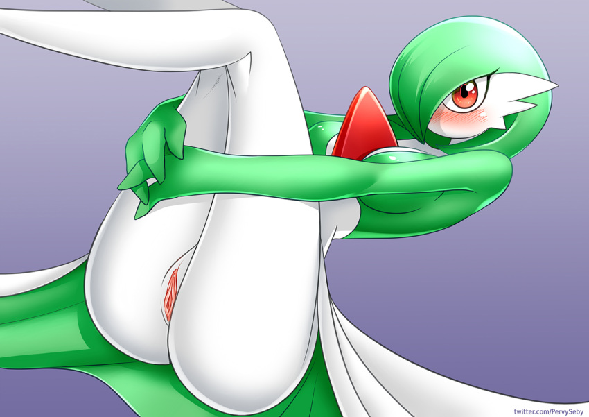 blush bottomless clothed clothing female gardevoir generation_3_pokemon genitals looking_at_viewer nintendo oo_sebastian_oo pokemon pokemon_(species) pussy red_eyes solo